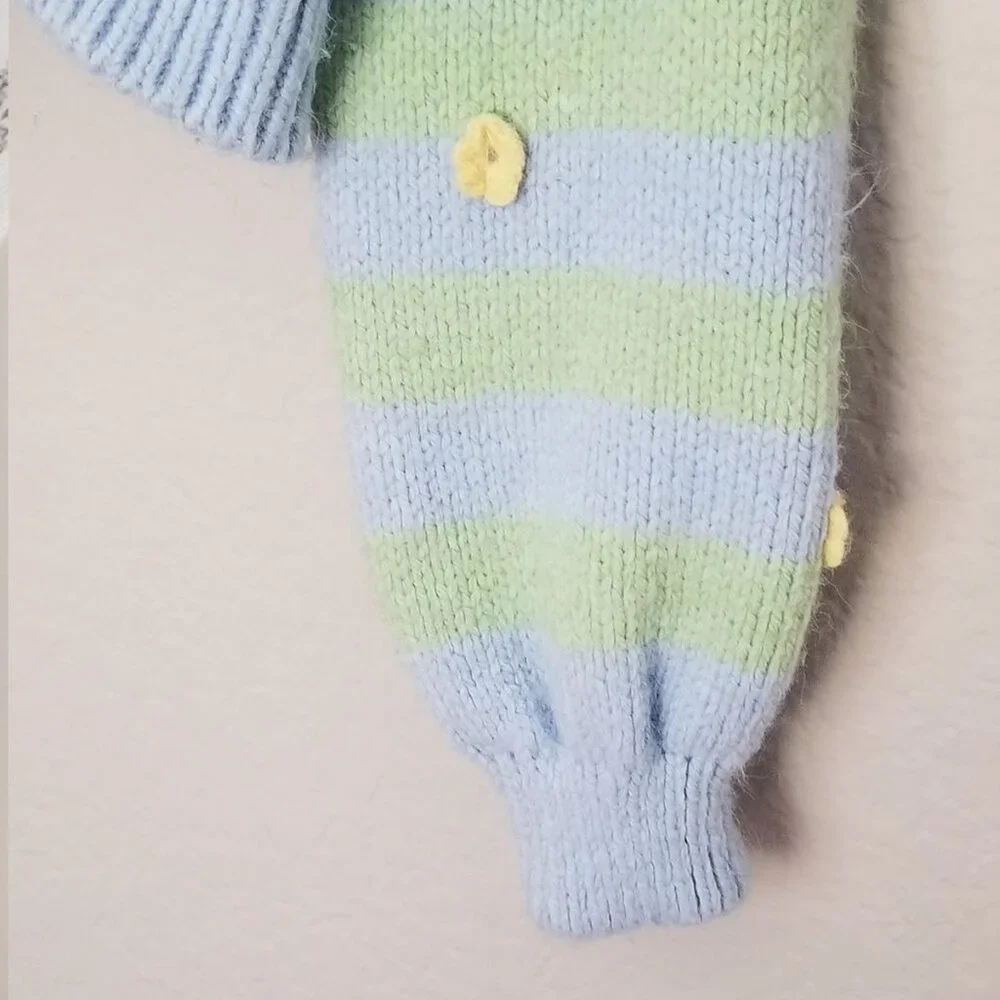 Zara Crochet 3D Floral Embroidered Striped Polo Collared Sweater L Blue Fairy - Picture 12 of 16